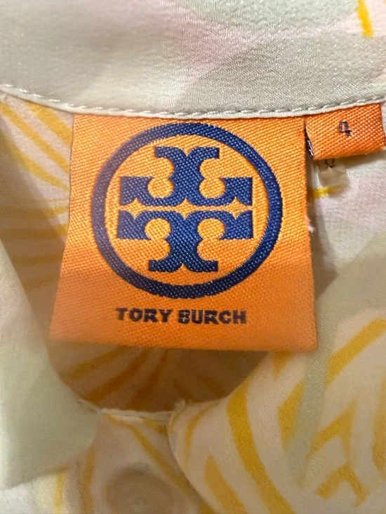 Tory Burch 100% Silk Gray & Yellow Printed Button-Up Shirt Size 4 - Picture 8 of 8